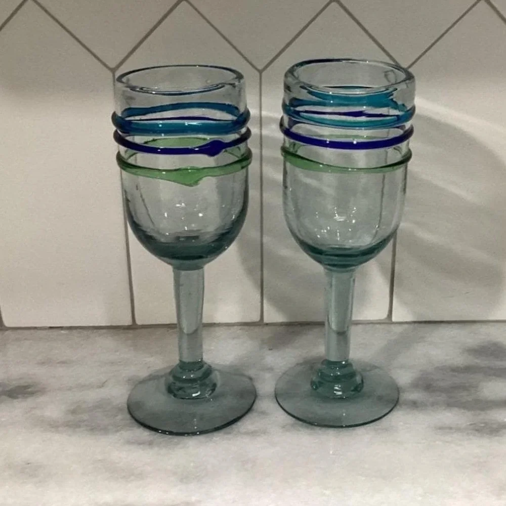Pier 1 Imports Water Goblets, Set‎ of 2, Vintage Hand Blown Multicolor Rings